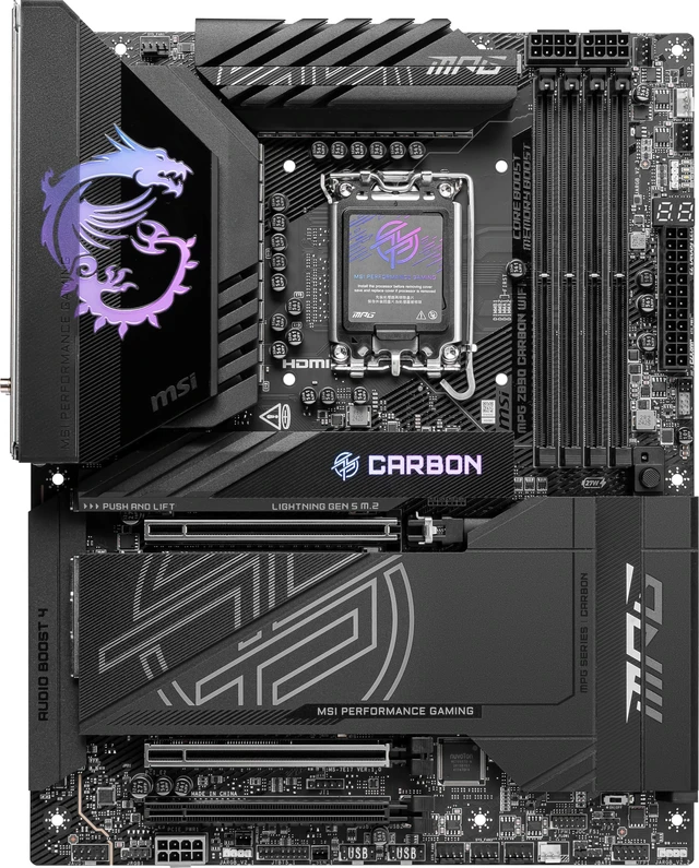 Alt view image 2 of 5 - MSI MPG Z890 Carbon WiFi Gaming Motherboard (Support Core Ultra Series 2 Intel Processors, LGA 1851, DDR5, PCIe 5.0, M.2, SATA, 5Gbps LAN, USB Type-C, Wi-Fi 7, Bluetooth 5.4, Thunderbolt 4, ATX)