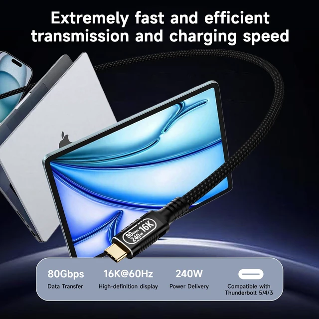Alt view image 5 of 5 - 3m Coaxial USB-C to USB-C Cable 80Gbps 240W PD 3.1, Ultra-Flexible USB4 v2.0 Data Charging Cable with 16K@60Hz Video Output, Compatible with Thunderbolt 4/3, for Laptops, Monitors, SSDs, 10FT