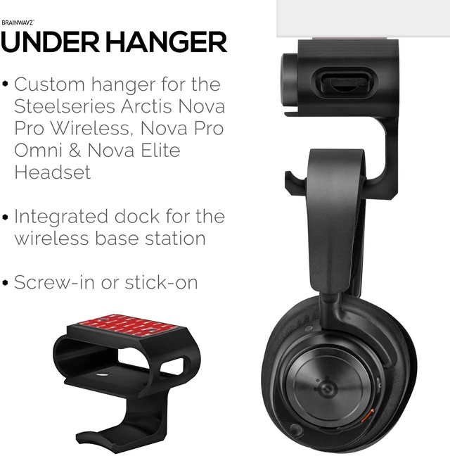 Alt view image 3 of 5 - Under Desk Headphone Hanger Stand for Steelseries Arctis Nova Pro, Elite and Pro Omni Wireless Headsets with Dock for the Wireless Base Station by Brainwavz (HPS02)