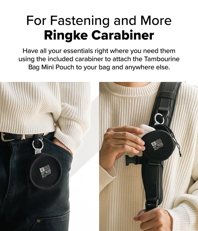 Alt view image 5 of 5 - Ringke Mini Pouch Tambourine Bag, Small Bag for Universal Wireless Ear Buds, Durable Keychain Backpack Accessories for AirPods Pro 3 & 2 & 1, AirPods 4 & 3 & 2 & 1 Case - Black