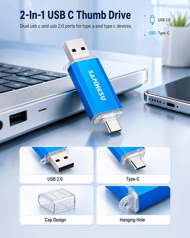 Alt view image 4 of 5 - 2 Pack 64GB USB C Flash Drive, Jump Drive USB-A & Type-C OTG Memory Stick, Dual Thumb Drive for PC/Laptop/Type C Cell Phone and Tablet (Blue)