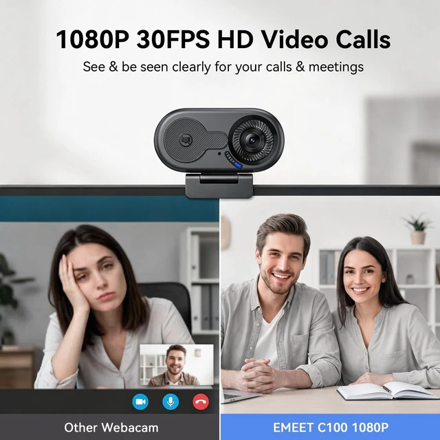 Alt view image 2 of 5 - EMEET C100 1080P Webcam for PC w/Rotating Privacy Cover, Mic & Metal Clip