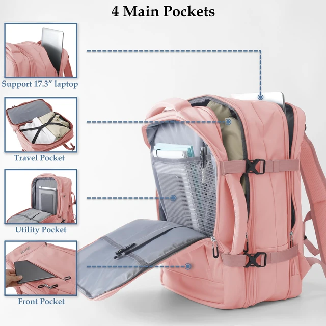 Alt view image 3 of 5 - Zeproage Travel Backpack, Expandable Large Capacity Business Work, Water Repellent Carry On Daypack with USB Charging Port, Fit 17 Inch Laptop, Bag for Men and Women, Pink