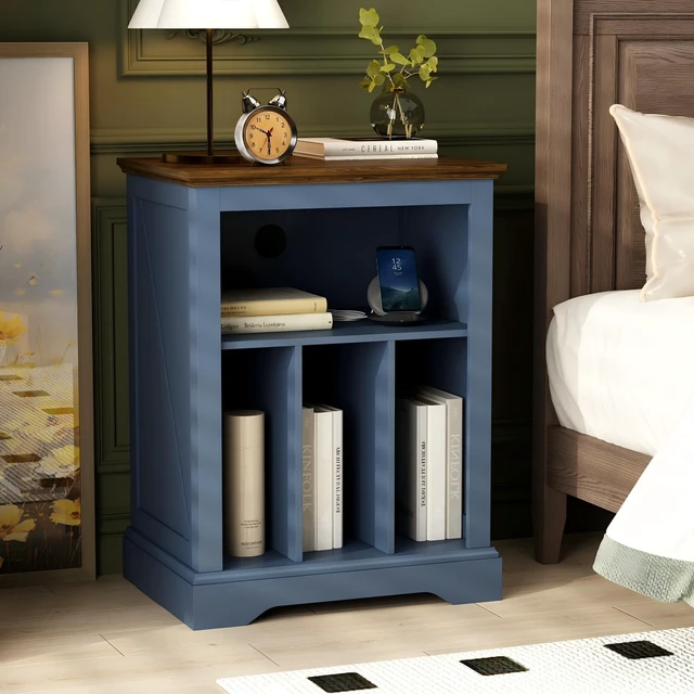 Alt view image 4 of 5 - RowyPoey Large Farmhouse Record Player Stand, 31.5" Turntable Stand, Blue