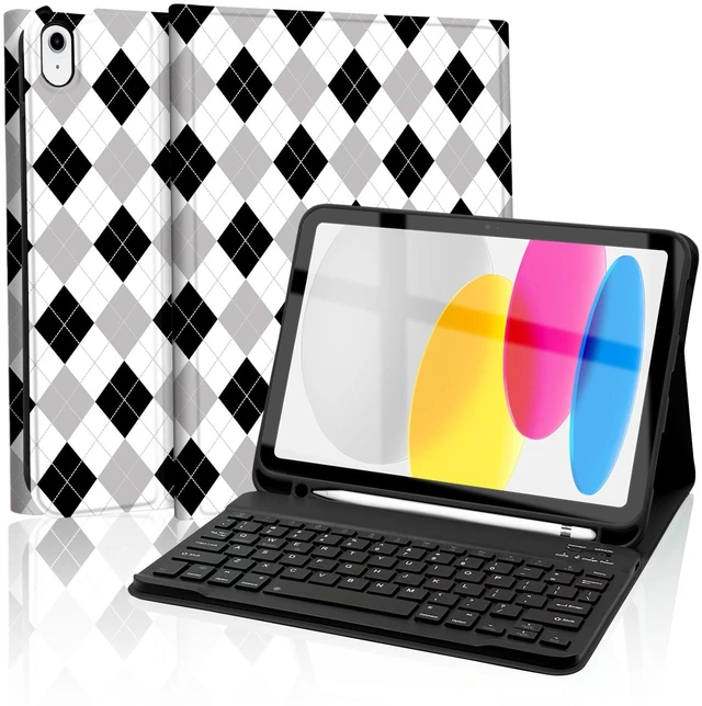 Main image of Mewealth Keyboard Case for iPad 11th 10th Generation with Pencil Holder, Wireless Keyboard Cover for 11th A16 11-inch 2025, 10th Gen 10.9 Inch 2022, Diamond Checkered Plaid Black-Grey-White