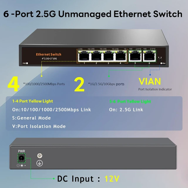 Alt view image 2 of 5 - Davuaz 10G Unmanaged Ethernet Switch with 2 x 10G RJ-45 Uplink Port and 4 x 2.5G Base-T Ports Compatible with 100/1000/2500Mbps, One-Key WLAN, Fanlesss Plug & Play, Metal 2.5Gb Network Switch