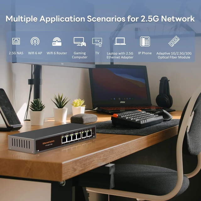 Alt view image 4 of 5 - Davuaz 10G Unmanaged Ethernet Switch with 2 x 10G RJ-45 Uplink Port and 4 x 2.5G Base-T Ports Compatible with 100/1000/2500Mbps, One-Key WLAN, Fanlesss Plug & Play, Metal 2.5Gb Network Switch