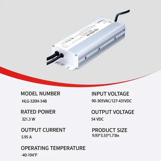 Alt view image 2 of 5 - 320W LED Driver, HLG-320H-54B, Constant Current, 54V Output, IP67 Rated, Waterproof LED Power Supply, Horticulture and Greenhouse Lighting, Grow Light Applications, Outdoor Suitable