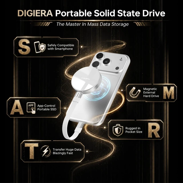 Alt view image 2 of 5 - DIGIERA 4TB Magnetic Portable SSD, External Solid State Drives with USB-C 3.2 Gen 2x2, Speed Up to 2000MB/s, Compact & Durable, Compatible with iPhone 15/16/17 Series and Other USB-C Devices, White