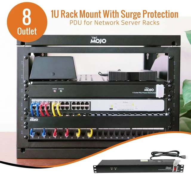 Alt view image 3 of 5 - Tecmojo 1U Rack-Mount Horizontal 8-Outlet PDU, UL Listed PDU with Surge Protection 6ft Cord Power Distribution for IT and Network Server Racks(SKU# 13110802)
