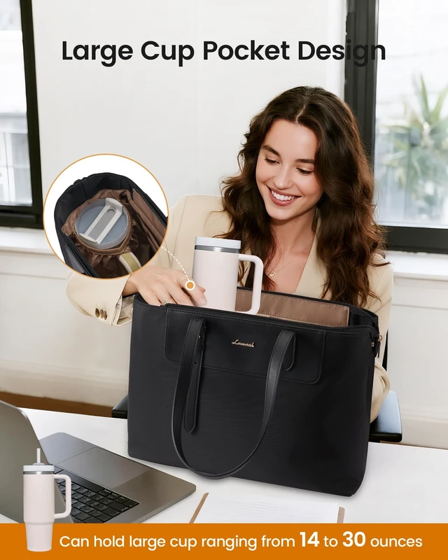 Alt view image 3 of 5 - LOVEVOOK Laptop Tote Bag for Women 15.6 Inch, Water-Resistant Work Tote Bag Large Capacity Computer Bag Briefcase Handbag for Office Business Travel Teacher Nurse, Nylon & PU, Black