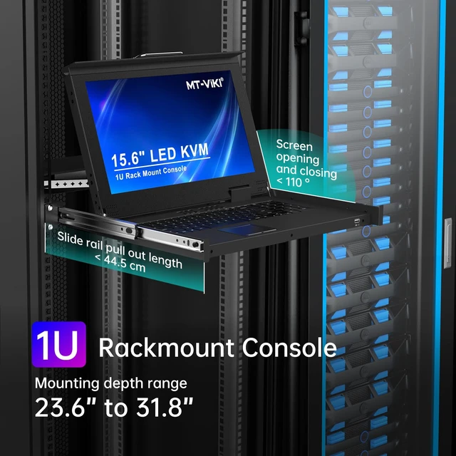 Alt view image 2 of 5 - MT-VIKI Rack Mount KVM w/15.6" LCD Monitor, 8 Port VGA KVM Switch, 1080@60Hz 1U Integrated Monitor Keyboard, Fits 18.9" to 31.5" Deep Racks (480-800mm), Included 8 Cables for Server Room, Data Center