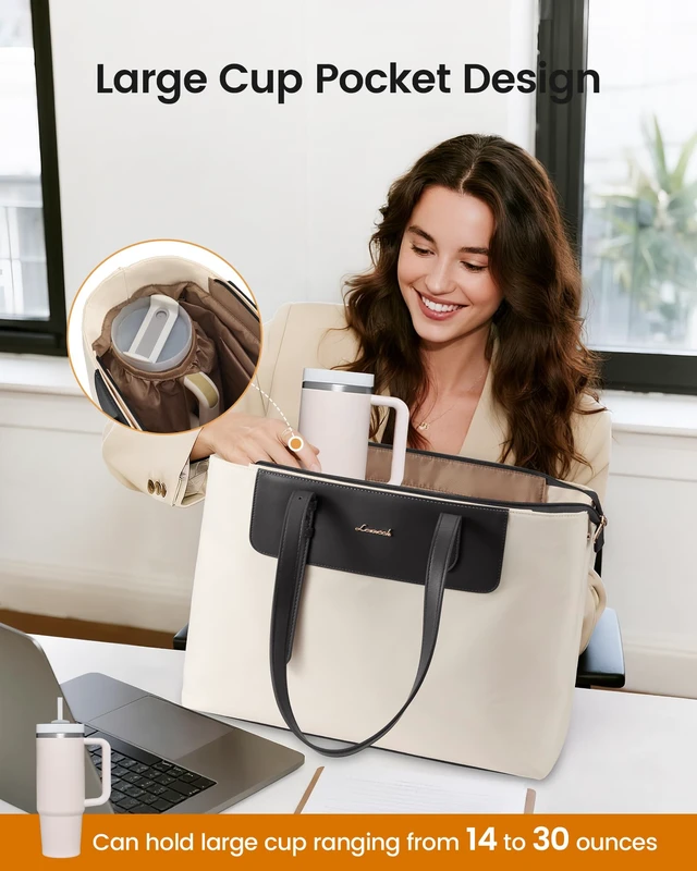 Alt view image 2 of 5 - LOVEVOOK Laptop Tote Bag for Women 15.6 Inch, Water-Resistant Work Tote Bag Large Capacity Computer Bag Briefcase Handbag for Office Business Travel Teacher Nurse, Nylon & PU, Beige
