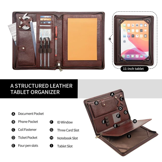 Alt view image 3 of 5 - Augus Genuine Leather Portfolio with Zipper for Men/Women, Padfolio Business Resume A4/Pad, Folder Organizer, with Document Pocket, ID Window, Card Slots, Pen Holders (Brownish Red)