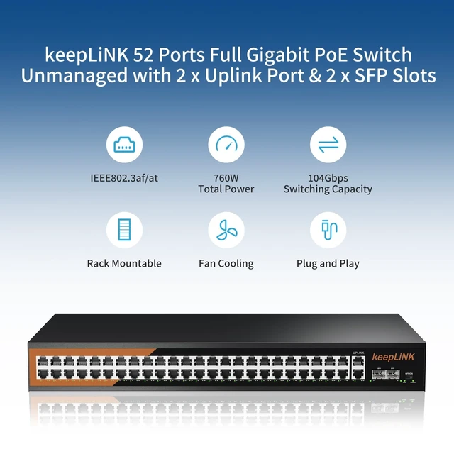 Alt view image 2 of 5 - keepLiNK 48 Port Gigabit PoE Switch, Unmanaged with 48 Port IEEE802.3af/at PoE+@800W, 2 x 1G Uplink Port, 2 x 1G SFP Slot, Metal Rackmount Network Ethernet Switch