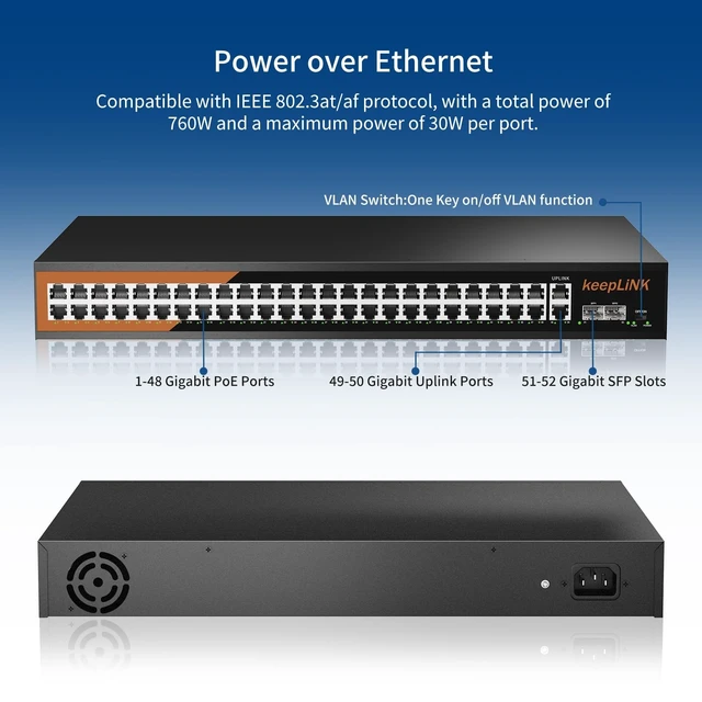 Alt view image 3 of 5 - keepLiNK 48 Port Gigabit PoE Switch, Unmanaged with 48 Port IEEE802.3af/at PoE+@800W, 2 x 1G Uplink Port, 2 x 1G SFP Slot, Metal Rackmount Network Ethernet Switch