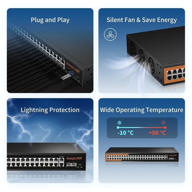 Alt view image 4 of 5 - keepLiNK 48 Port Gigabit PoE Switch, Unmanaged with 48 Port IEEE802.3af/at PoE+@800W, 2 x 1G Uplink Port, 2 x 1G SFP Slot, Metal Rackmount Network Ethernet Switch