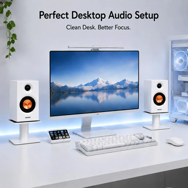 Alt view image 2 of 5 - 4-6.5 Inch Desktop Speaker Stands with Cable Management, 44lbs Heavy Duty Steel Desk Speaker Stand for Bookshelf Speakers & Studio Monitors, Stable Desktop Speaker Stand Pair, Cleaner Desk Audio Setup