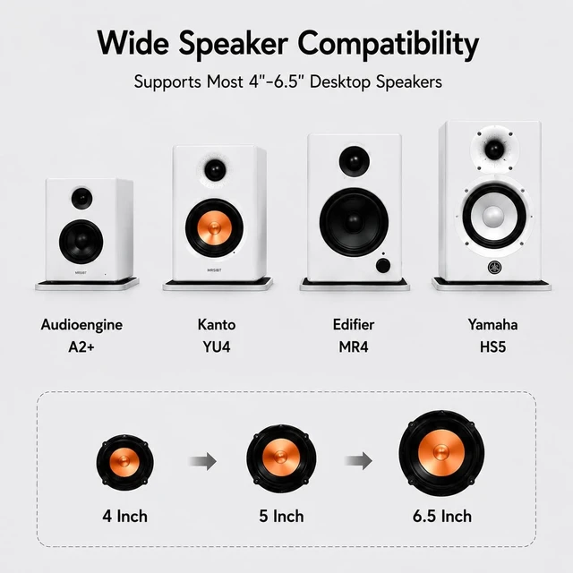 Alt view image 3 of 5 - 4-6.5 Inch Desktop Speaker Stands with Cable Management, 44lbs Heavy Duty Steel Desk Speaker Stand for Bookshelf Speakers & Studio Monitors, Stable Desktop Speaker Stand Pair, Cleaner Desk Audio Setup