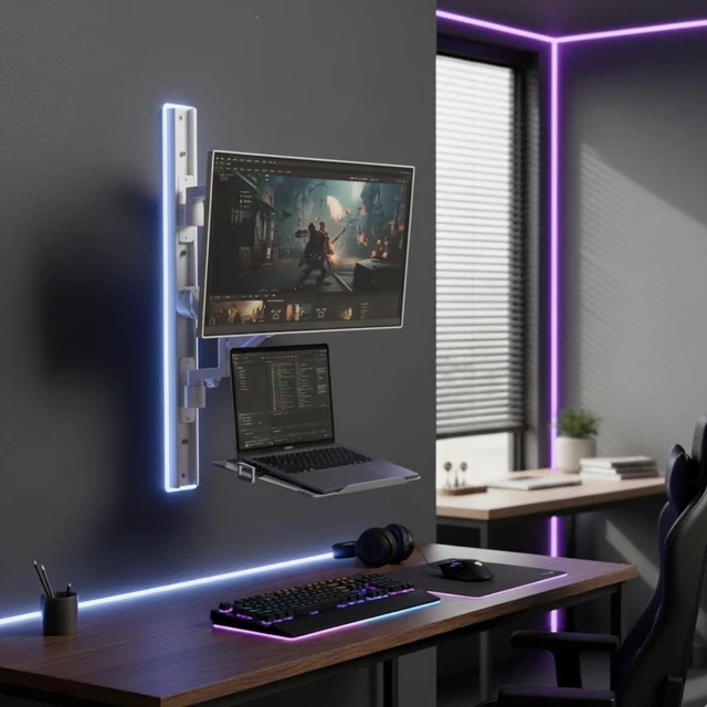 Alt view image 2 of 5 - ZeboZap ZLTV8022 Wall Monitor Mount with Keyboard Tray ^^ Fits 17 to 43 Inch ^^ Single Monitor Wall Mount with Laptop Tray ^^ Home Office, Bedside, Healthcare ^^ White ^^ 26.4 lbs