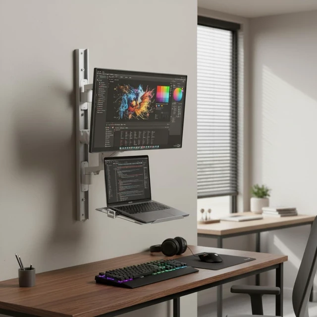 Alt view image 3 of 5 - ZeboZap ZLTV8022 Wall Monitor Mount with Keyboard Tray ^^ Fits 17 to 43 Inch ^^ Single Monitor Wall Mount with Laptop Tray ^^ Home Office, Bedside, Healthcare ^^ White ^^ 26.4 lbs