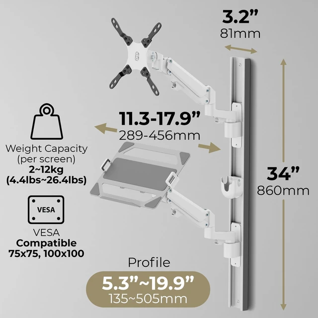 Alt view image 4 of 5 - ZeboZap ZLTV8022 Wall Monitor Mount with Keyboard Tray ^^ Fits 17 to 43 Inch ^^ Single Monitor Wall Mount with Laptop Tray ^^ Home Office, Bedside, Healthcare ^^ White ^^ 26.4 lbs
