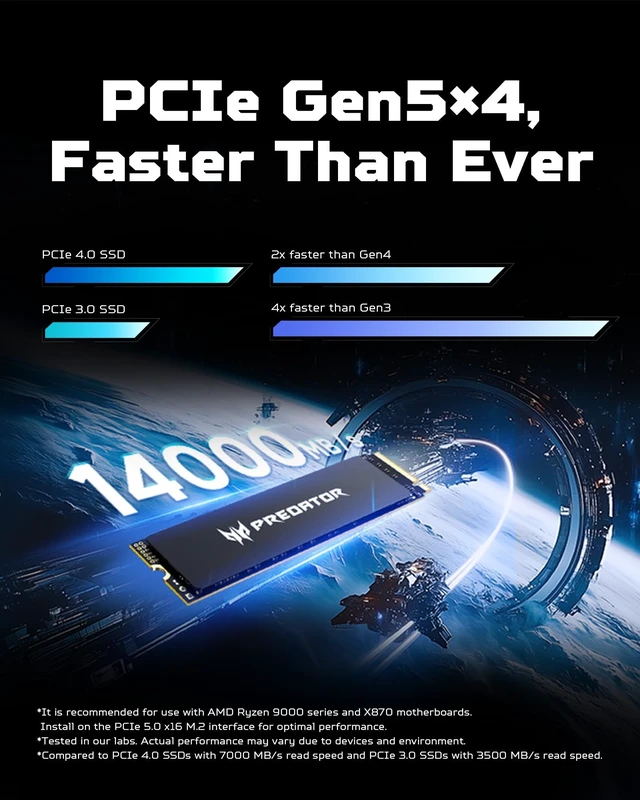Alt view image 3 of 5 - Acer Predator GM9000 1TB SSD, PCIe Gen5x4 NVMe M.2 SSD, Up to 14,000MB/s, SLC + DRAM Cache, PCIe 5.0 Internal Solid State Drive, Compatible with Desktops Laptop PC AI Work