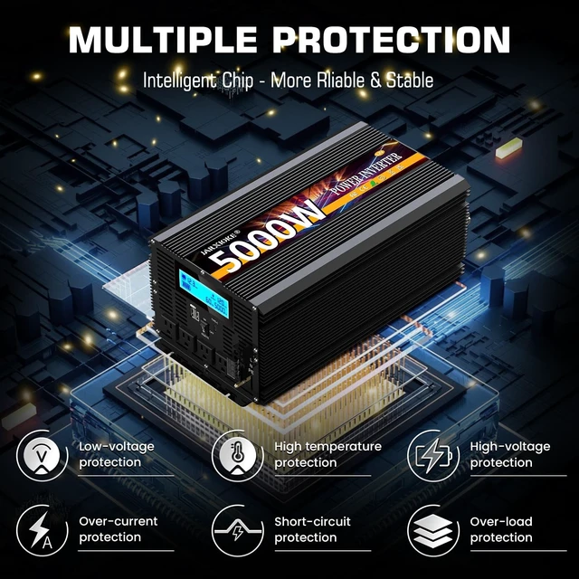 Alt view image 2 of 5 - 5000 Watt Power Inverter 12V DC to 110V 120V Converter for Family RV Off Grid Solar System Car with Type-C Ports 3 AC Power Outlets Dual USB Ports LCD Display Wireless Remote Control
