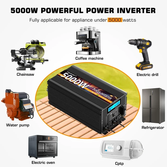 Alt view image 5 of 5 - 5000 Watt Power Inverter 12V DC to 110V 120V Converter for Family RV Off Grid Solar System Car with Type-C Ports 3 AC Power Outlets Dual USB Ports LCD Display Wireless Remote Control