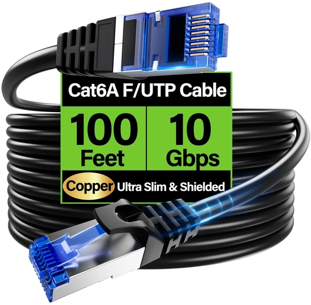 Main image of Cat6A Ethernet Cable Shielded 10Gbps 100 ft, Slim Shielded (F/UTP) Ethernet Cable Cat 6, Flexible 28AWG Bare Copper Cat6 Cable, Space-saving Cat 6a Network Cable for Server, Data Center, Black