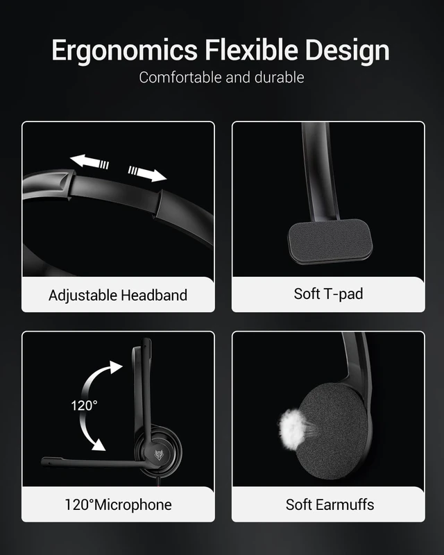 Alt view image 4 of 5 - NUBWO HW02 USB Headset with Microphone Noise Cancelling &in-line Control, Ultra Comfort Computer Headset for Laptop pc, On-Ear Wired Office Call Center Headphone for Boom Skype WebinarsBlack