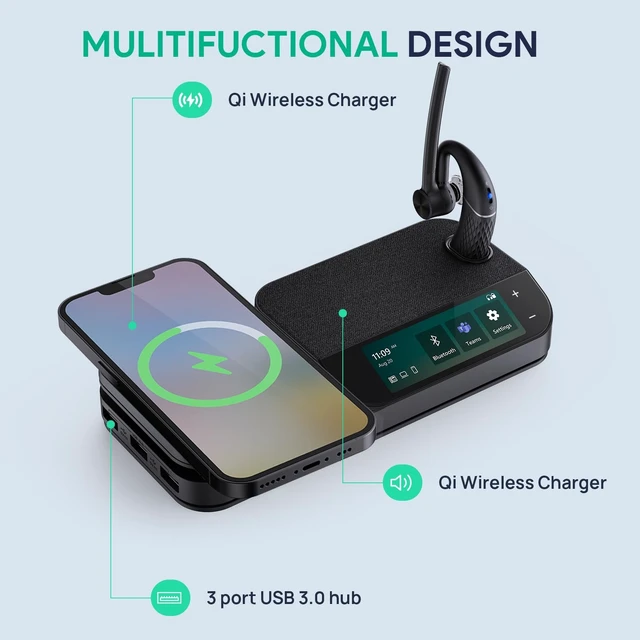 Alt view image 4 of 5 - Yealink Bluetooth Headset Workstation, Office Wireless Headset with Mic, Speakerphone, Wireless Charging Pad, Charging Case, USB-C/A Dongle,Connect to Desk Phone, PC, Work with Teams Zoo