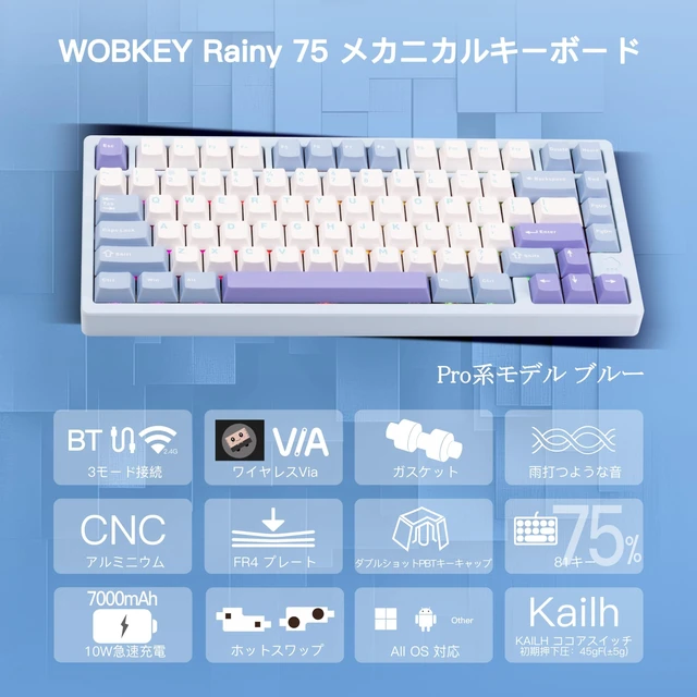 Alt view image 3 of 5 - KIBU WOBKEY Rainy75 75% Tri-Mode Mechanical Keyboard, CNC Aluminum Custom Wireless Keyboard, Hot Swappable, VIA Programmable, Cocoa Switch, RGB Backlit,BT/2.4G/Wired for Mac/Win(Pro Blue)