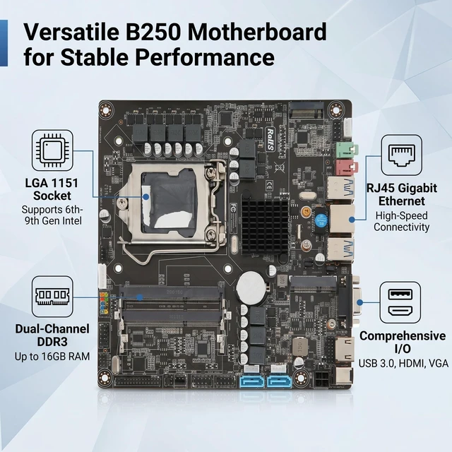 Alt view image 3 of 5 - SUNGOOYUE B250 Micro ITX Motherboard, Dual Channel DDR3 16GB Memory LGA 1151 Socket for 6th 7th 8th 9th Gen CPU, with M.2 PCIE Slot USB 3.0 VGA RJ45 Ports