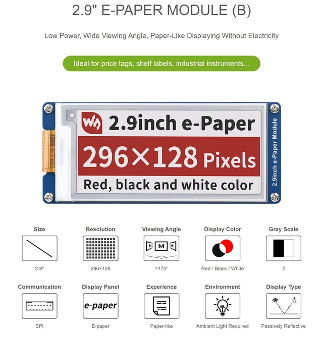 Alt view image 4 of 5 - 2.9 Inch E-Paper Display Module (B), 296128 SPI E-Ink Screen, Red/Black/White, Low Power, No Backlight, for Raspberry Pi, Arduino, Jetson Nano, 3.3V/5V MCU Compatible