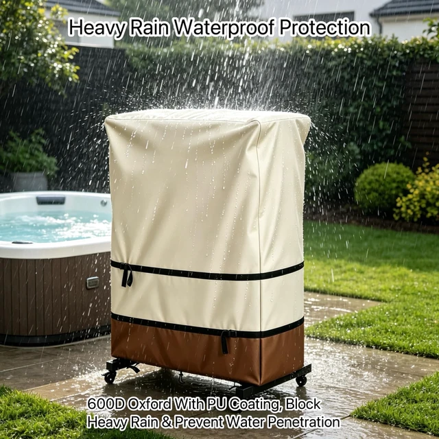 Alt view image 4 of 5 - JINLI 65-70 inch outdoor TV trolley cover, courtyard TV cover, Oxford fabric waterproof and dustproof, triple windproof design, compatible with rolling/mobile stand,beige