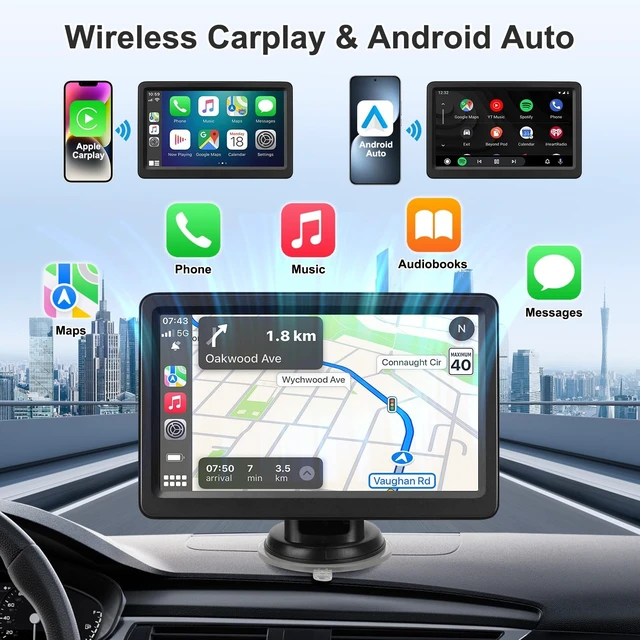 Alt view image 2 of 5 - Carplay Screen for Car, 7" Wireless Carplay & Android Auto, Portable HD Touchscreen with Mirror Link, GPS Navigation, Voice Control, Hands-Free Calling, Bluetooth/AUX/FM, Plug & Play Car Play S