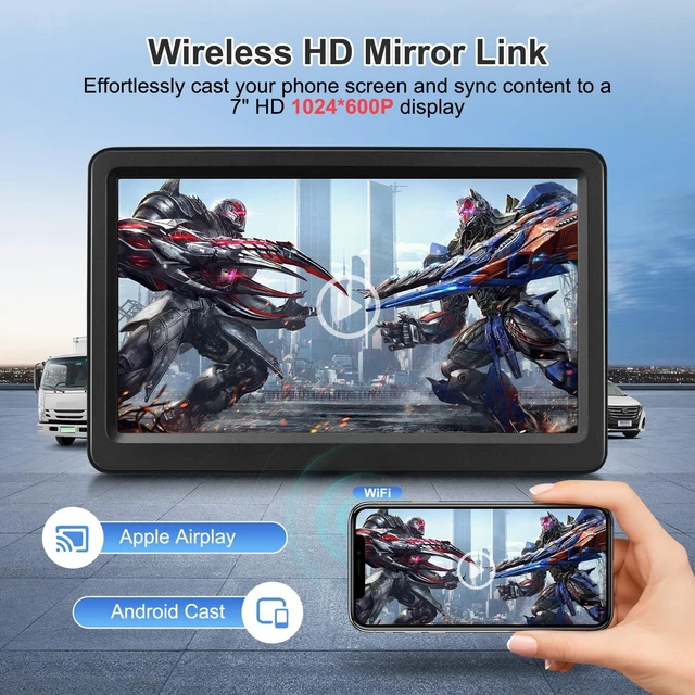 Alt view image 3 of 5 - Carplay Screen for Car, 7" Wireless Carplay & Android Auto, Portable HD Touchscreen with Mirror Link, GPS Navigation, Voice Control, Hands-Free Calling, Bluetooth/AUX/FM, Plug & Play Car Play S