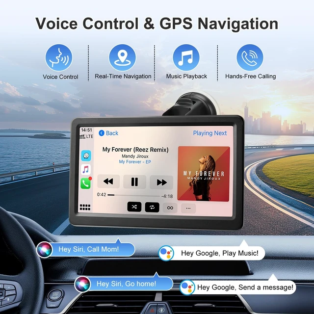 Alt view image 4 of 5 - Carplay Screen for Car, 7" Wireless Carplay & Android Auto, Portable HD Touchscreen with Mirror Link, GPS Navigation, Voice Control, Hands-Free Calling, Bluetooth/AUX/FM, Plug & Play Car Play S