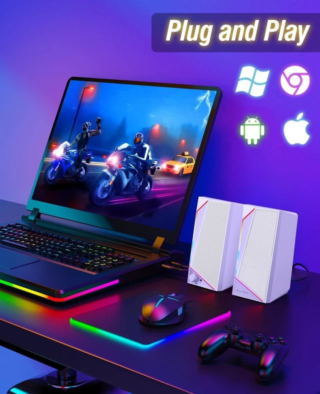 Alt view image 5 of 5 - LENRUE Computer Speakers, USB/USB-C Powered AUX Audio for PC Speakers with Loud Stereo Sound, Headphone-in, Touch Lights for Desktop, Computer, Laptop, DeskUSB-C to USB Adapter Included