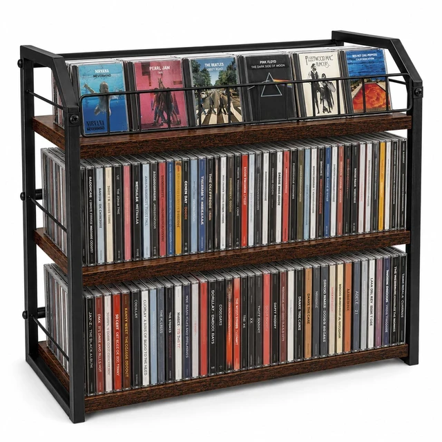 Main image of MLLNFUE 3-Tier CD Storage Rack, CD Holder Tower Holds 123 CDs with Display Top Shelf, Metal and Wood CD Organizer Stand for Standard Jewel Cases, Compact Desktop CD Shelf for Home Office