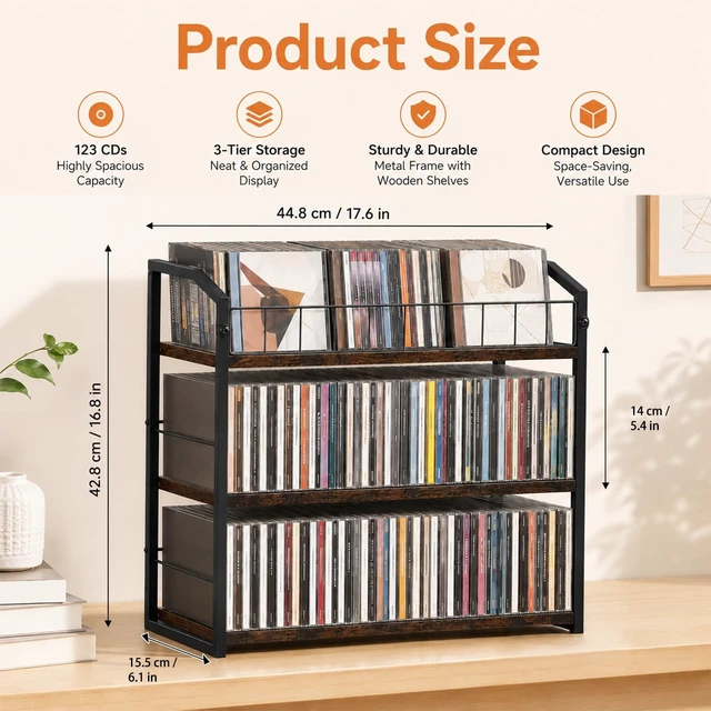 Alt view image 2 of 5 - MLLNFUE 3-Tier CD Storage Rack, CD Holder Tower Holds 123 CDs with Display Top Shelf, Metal and Wood CD Organizer Stand for Standard Jewel Cases, Compact Desktop CD Shelf for Home Office
