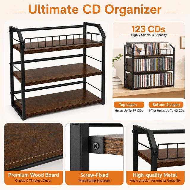 Alt view image 3 of 5 - MLLNFUE 3-Tier CD Storage Rack, CD Holder Tower Holds 123 CDs with Display Top Shelf, Metal and Wood CD Organizer Stand for Standard Jewel Cases, Compact Desktop CD Shelf for Home Office