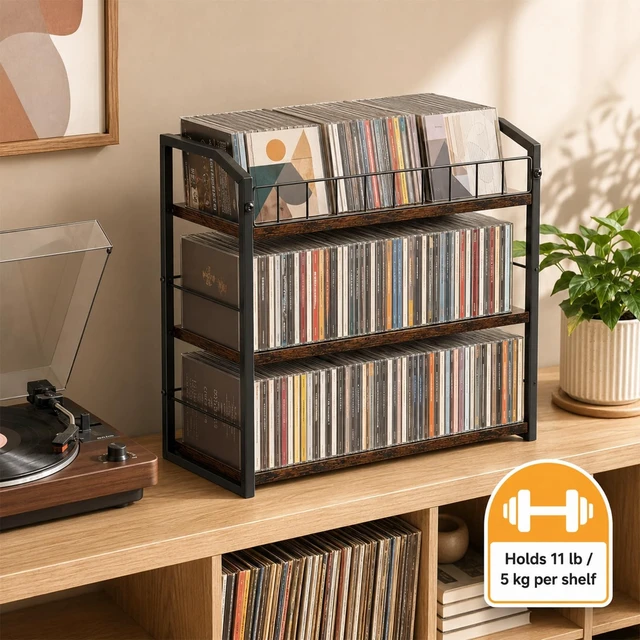 Alt view image 4 of 5 - MLLNFUE 3-Tier CD Storage Rack, CD Holder Tower Holds 123 CDs with Display Top Shelf, Metal and Wood CD Organizer Stand for Standard Jewel Cases, Compact Desktop CD Shelf for Home Office