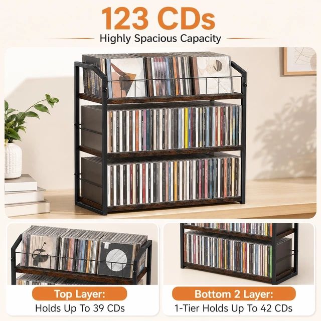 Alt view image 5 of 5 - MLLNFUE 3-Tier CD Storage Rack, CD Holder Tower Holds 123 CDs with Display Top Shelf, Metal and Wood CD Organizer Stand for Standard Jewel Cases, Compact Desktop CD Shelf for Home Office