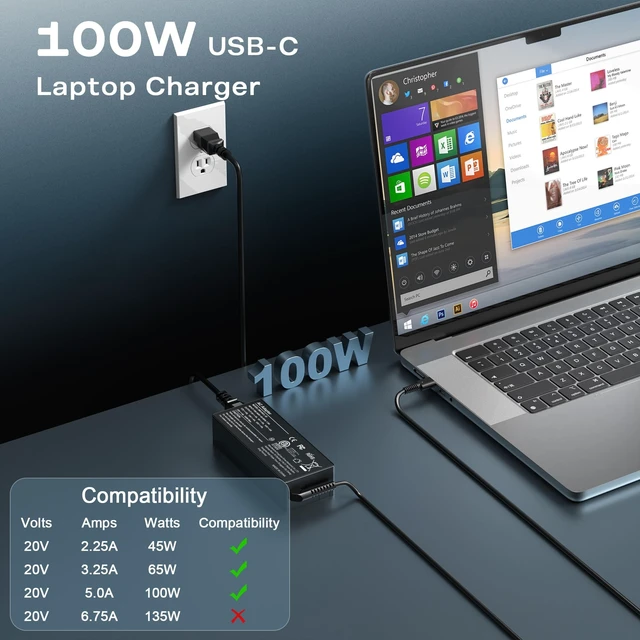 Alt view image 2 of 5 - WZXHU 100W USB C Laptop Charger for Lenovo ThinkPad Yoga ThinkBook