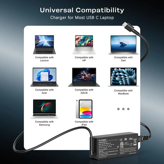 Alt view image 4 of 5 - WZXHU 100W USB C Laptop Charger for Lenovo ThinkPad Yoga ThinkBook