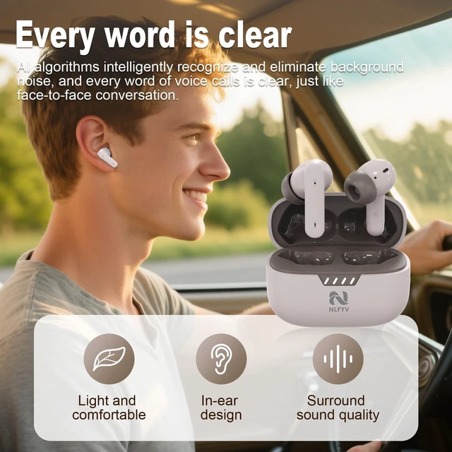 Alt view image 3 of 5 - NLFYV Wireless Bluetooth 6.0 Headphones with Active Noise Cancelling (ANC), 6-Mic ENC Clear Calls, 35 Hours Playtime, HiFi Stereo, in-Ear Headphones, for Home Office Travel Outdoor Sports - Bro