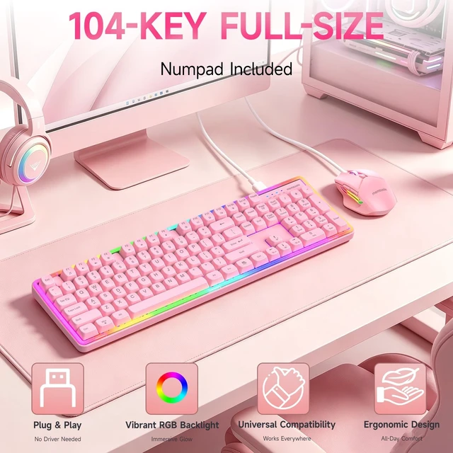 Alt view image 2 of 5 - Wired RGB Keyboard and Mouse Combo, Adjustable Rainbow Backlit, 104-Key Full-Size with Numpad, 6400 DPI Ergonomic High-Precision Mouse, Plug & Play, for PC Laptop Mac Windows Mac Office Gaming (Pink)
