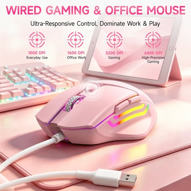 Alt view image 3 of 5 - Wired RGB Keyboard and Mouse Combo, Adjustable Rainbow Backlit, 104-Key Full-Size with Numpad, 6400 DPI Ergonomic High-Precision Mouse, Plug & Play, for PC Laptop Mac Windows Mac Office Gaming (Pink)